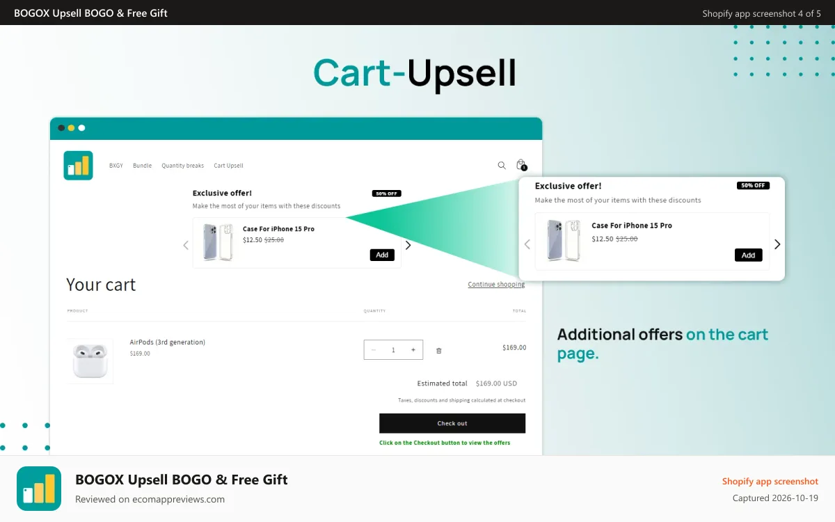 BOGOX Upsell BOGO & Free Gift Shopify app screenshot: Cart Upsell