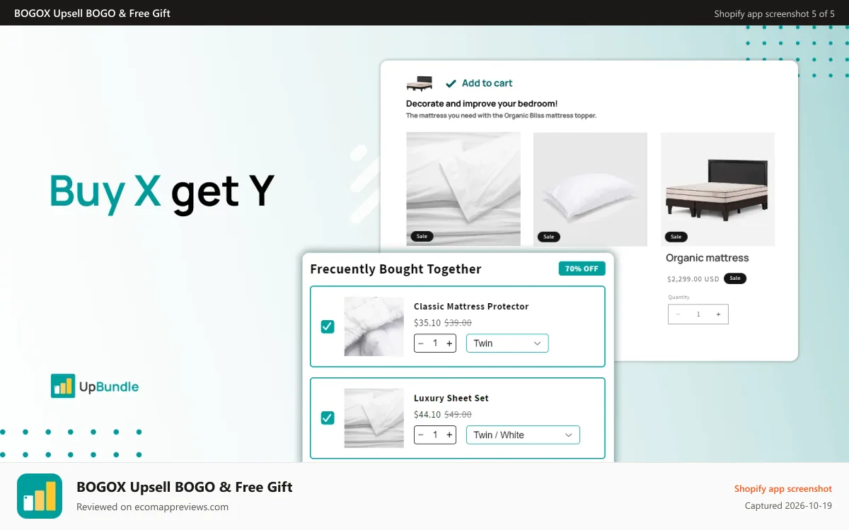 BOGOX Upsell BOGO & Free Gift Shopify app screenshot: Bogo