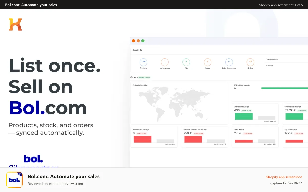 Bol.com: Automate your sales Shopify app screenshot: List once. Sell on bol.com