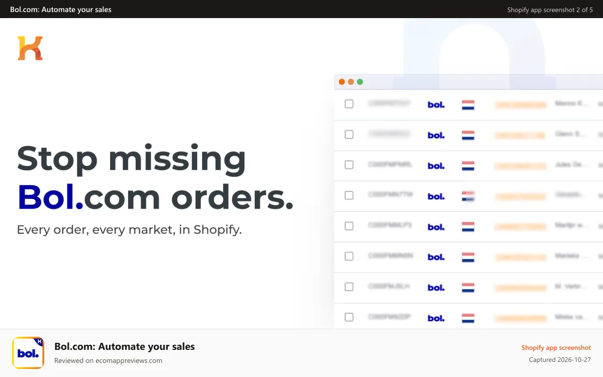 Bol.com: Automate your sales Shopify app screenshot: Account dashboard, bol.com, sales, nl, be, orders, details