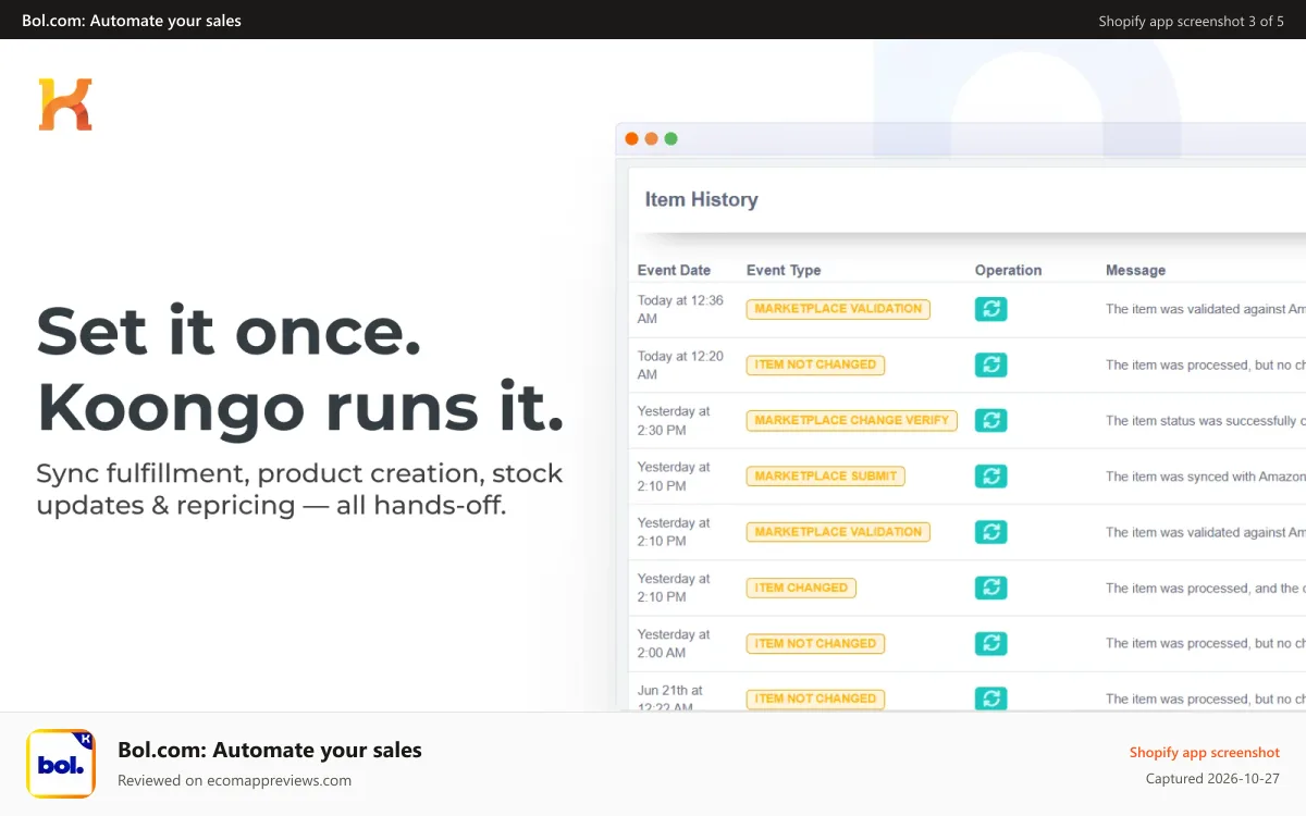 Bol.com: Automate your sales Shopify app screenshot: bol.com order management, FBB, FBR, VVB, fees, shipping, payment