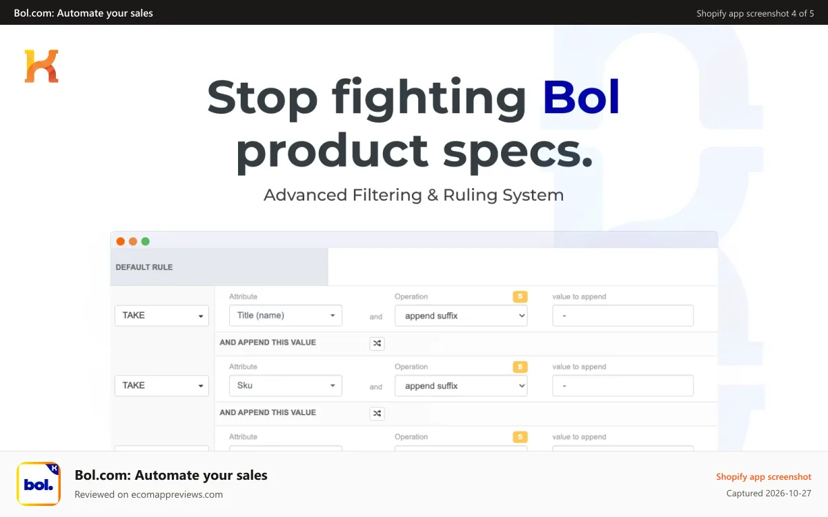 Bol.com: Automate your sales Shopify app screenshot: Koongo bol.com mapping table, attribute composition, rules