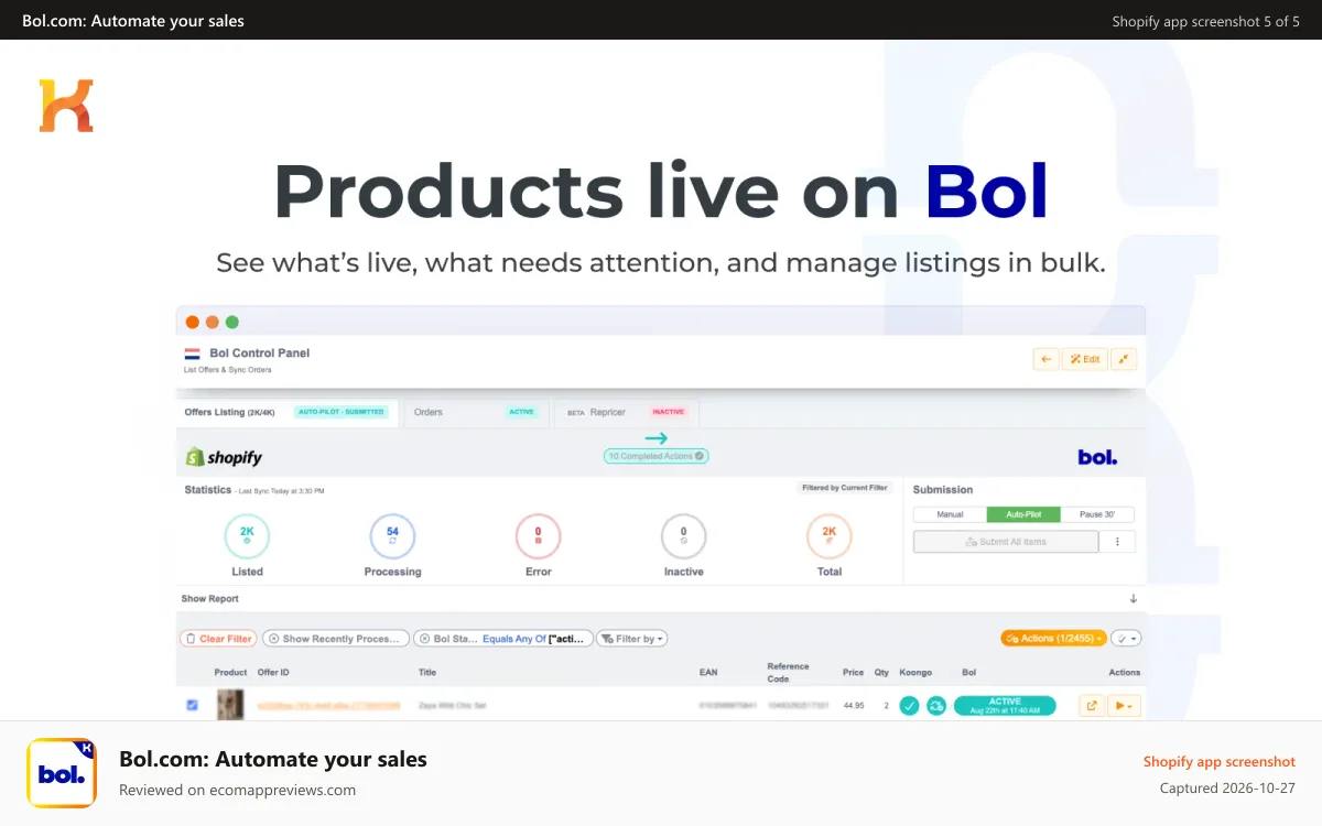 Bol.com: Automate your sales Shopify app screenshot: Status, Bulk actions, filtering, full control, track listings
