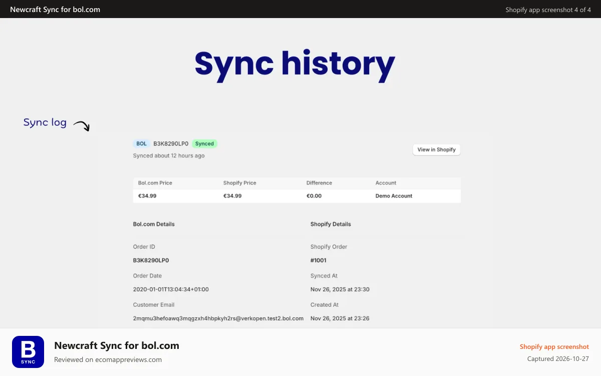 Newcraft Sync for bol.com Shopify app screenshot: sync history