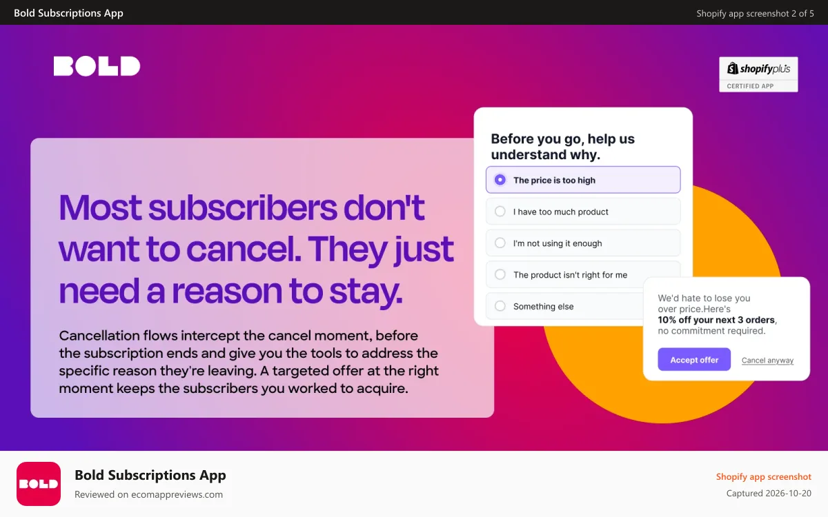 Bold Subscriptions App Shopify app screenshot: Prevent cancellations. Churn reduction and win-backs.