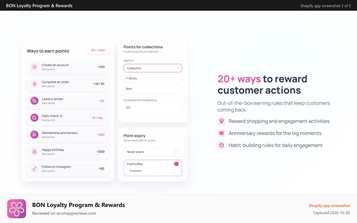 BON Loyalty Program & Rewards Shopify app screenshot: BON Loyalty App: Earn points for complete orders, sign-up & more