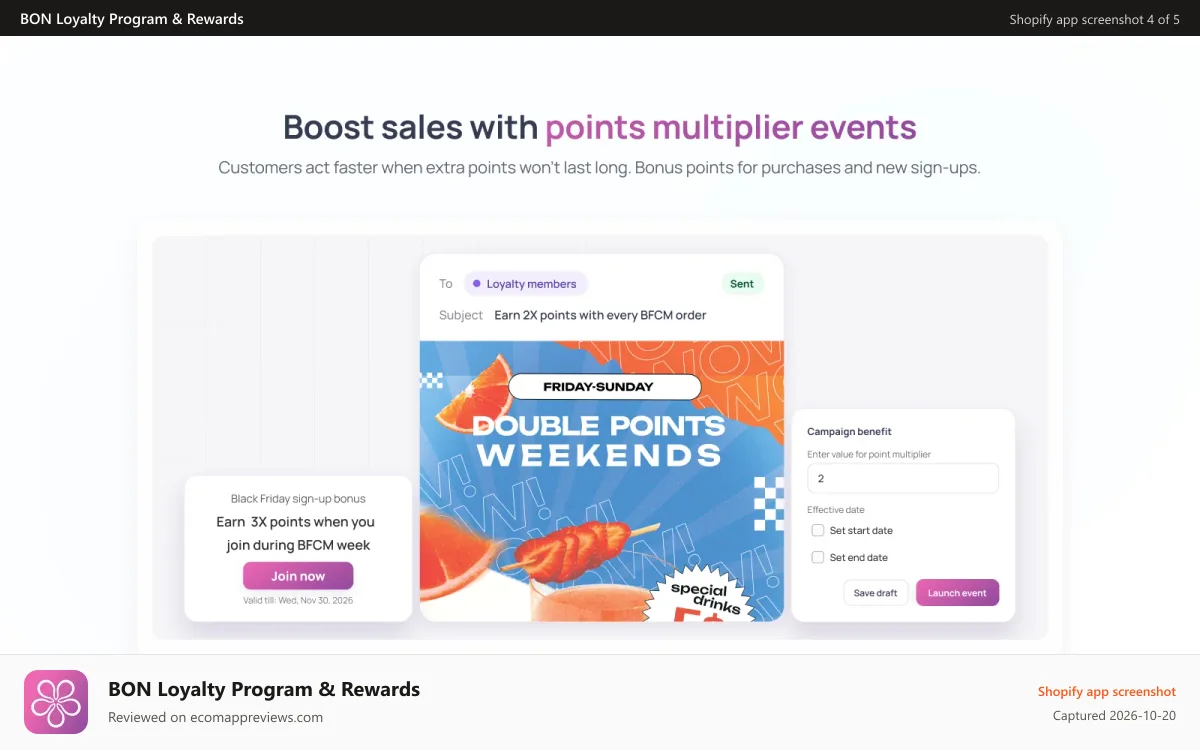 BON Loyalty Program & Rewards Shopify app screenshot: BON Loyalty: Bonus points campaign for sign-ups and purchases