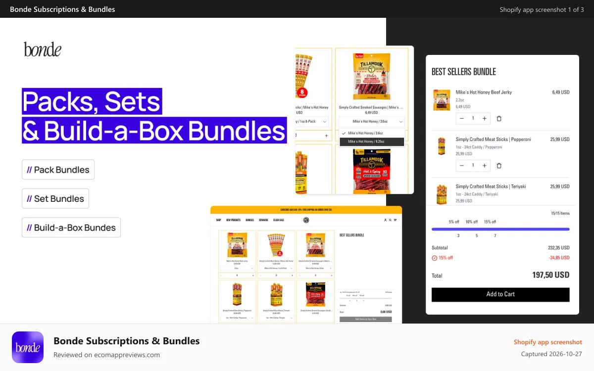 Bonde Subscriptions & Bundles Shopify app screenshot: Packs, Sets & Build-a-Box Bundles w/ Discount Tiers