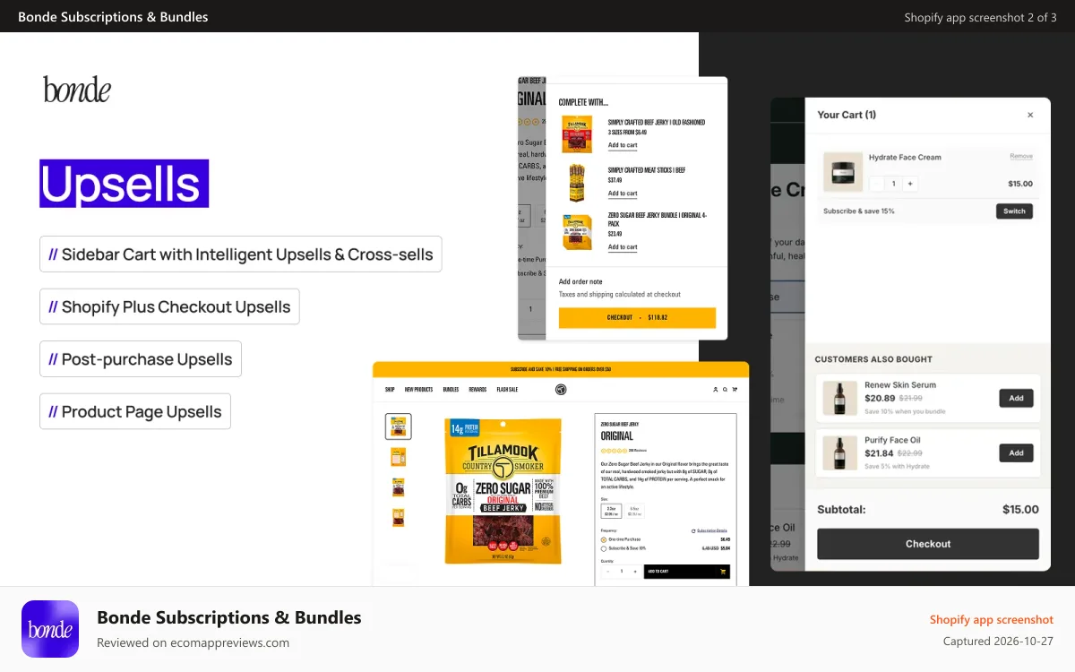 Bonde Subscriptions & Bundles Shopify app screenshot: Upsells in sidebar cart, checkout, post purchase and product pag