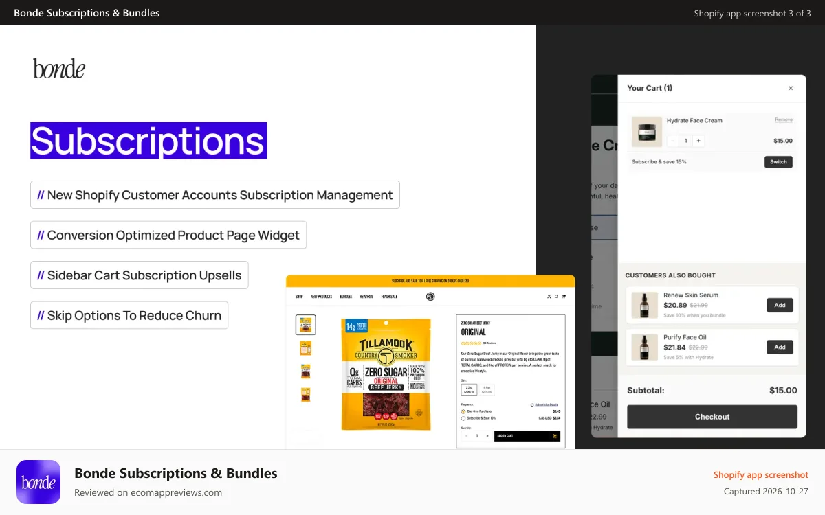 Bonde Subscriptions & Bundles Shopify app screenshot: Seamless Subscription upgrades and Loyalty tools to reduce churn