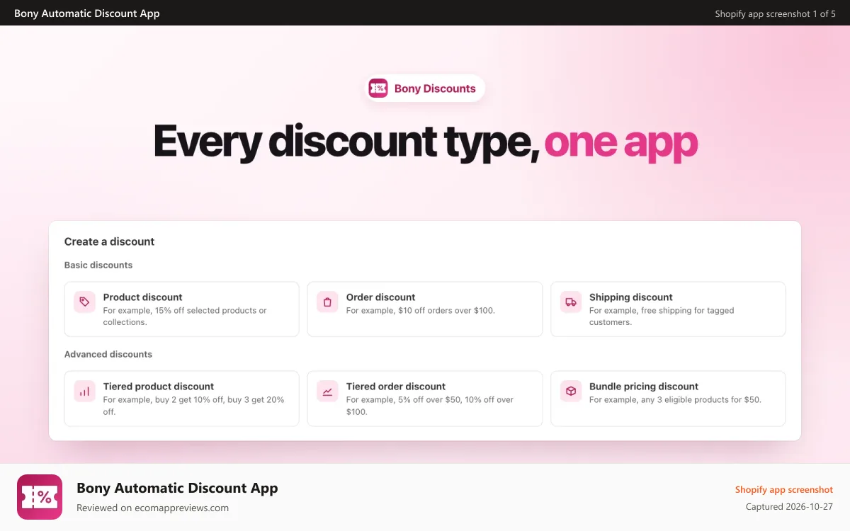 Bony Automatic Discount App Shopify app screenshot: Feature