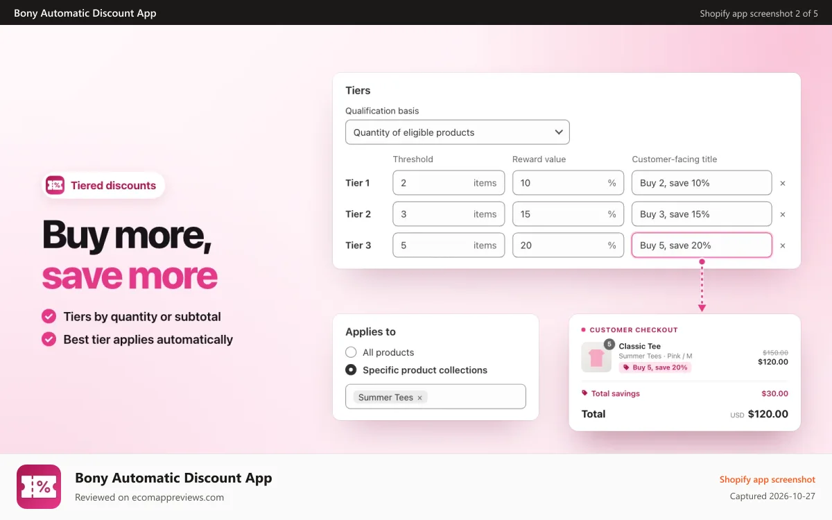 Bony Automatic Discount App Shopify app screenshot: Tiered discount