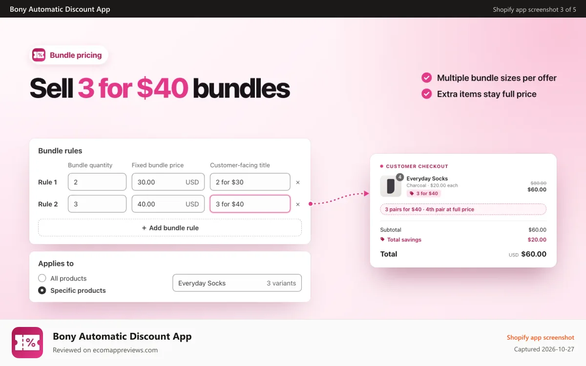 Bony Automatic Discount App Shopify app screenshot: Bundle pricing