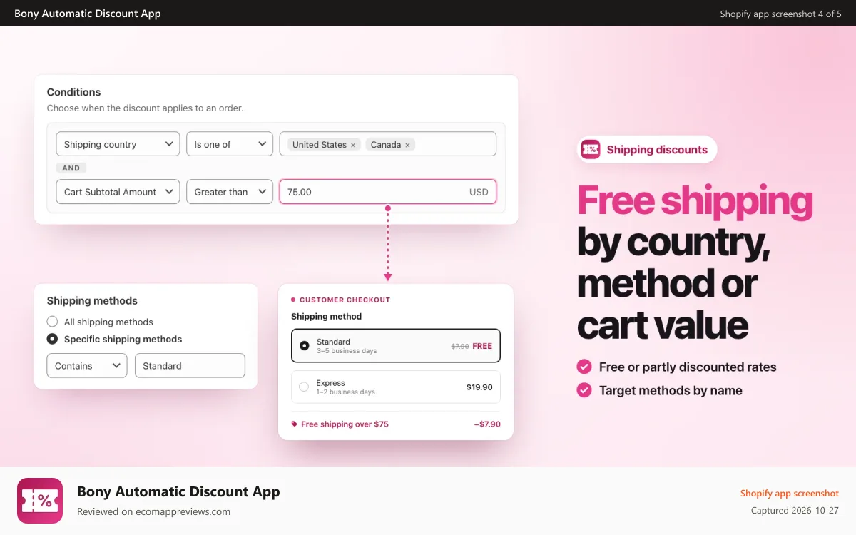 Bony Automatic Discount App Shopify app screenshot: Free shipping