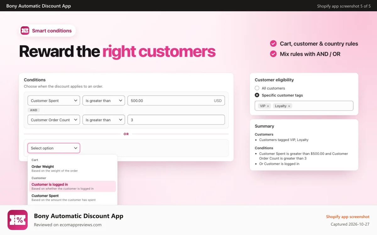 Bony Automatic Discount App Shopify app screenshot: Conditions
