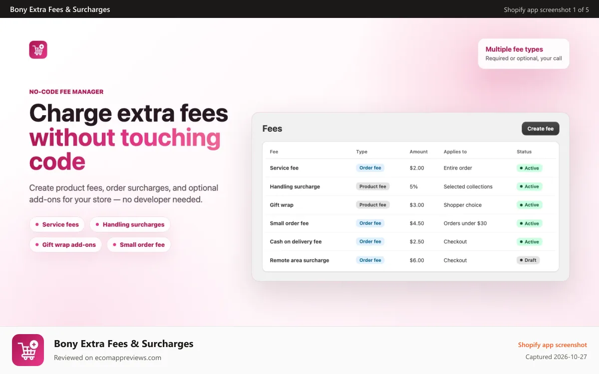 Bony Extra Fees & Surcharges Shopify app screenshot: Manage every fee