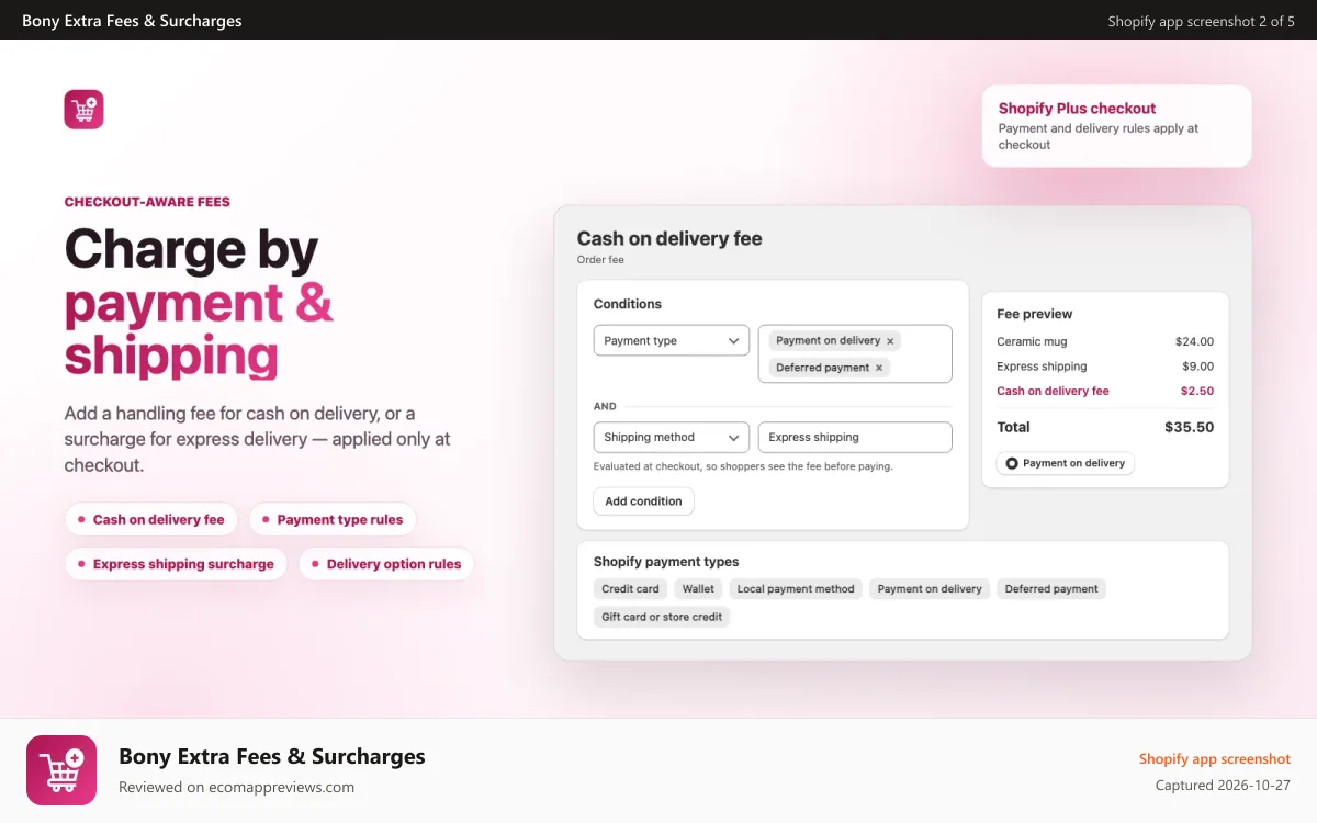 Bony Extra Fees & Surcharges Shopify app screenshot: Create flexible fee