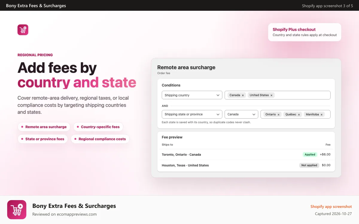 Bony Extra Fees & Surcharges Shopify app screenshot: Target with condition