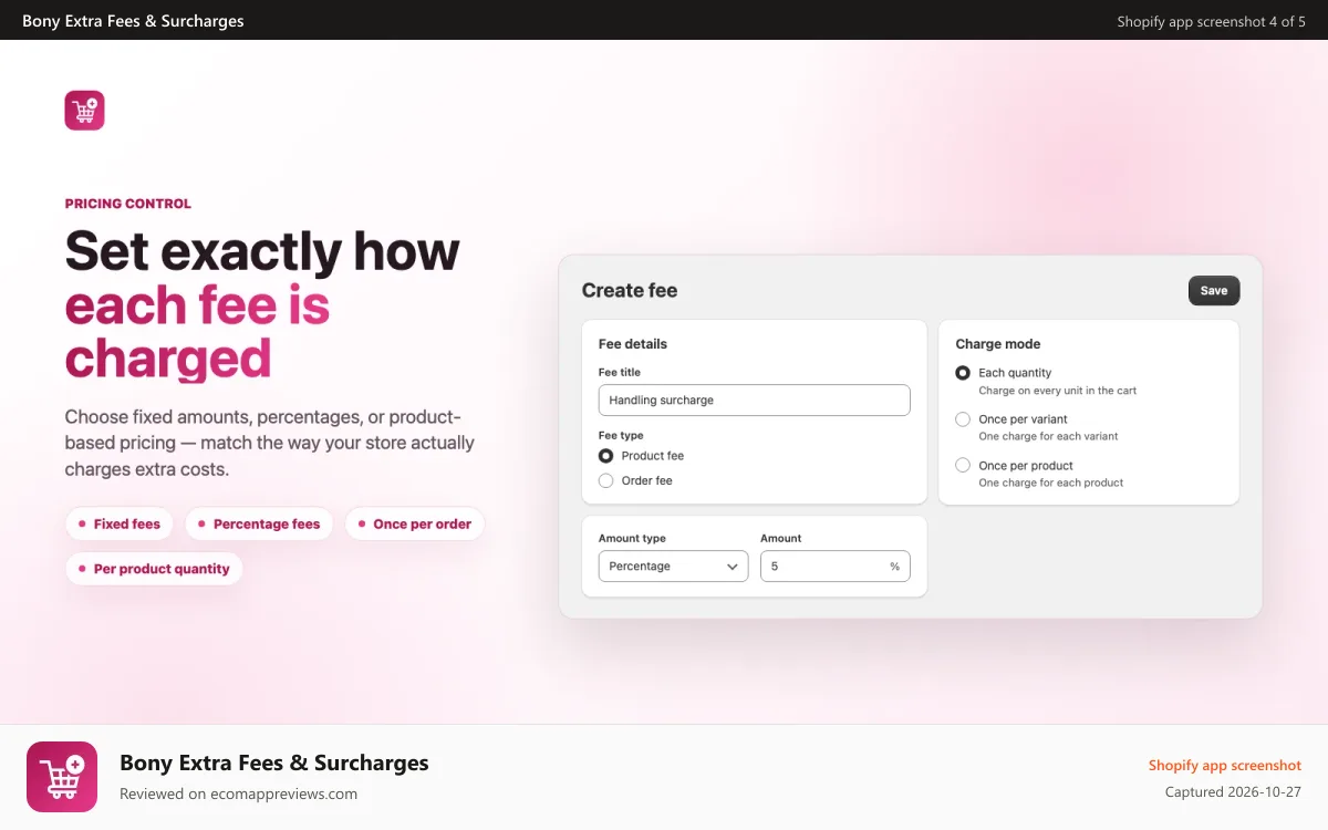 Bony Extra Fees & Surcharges Shopify app screenshot: Optional add-ons