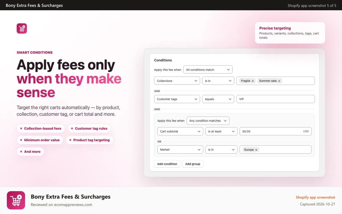 Bony Extra Fees & Surcharges Shopify app screenshot: Storefront cart display