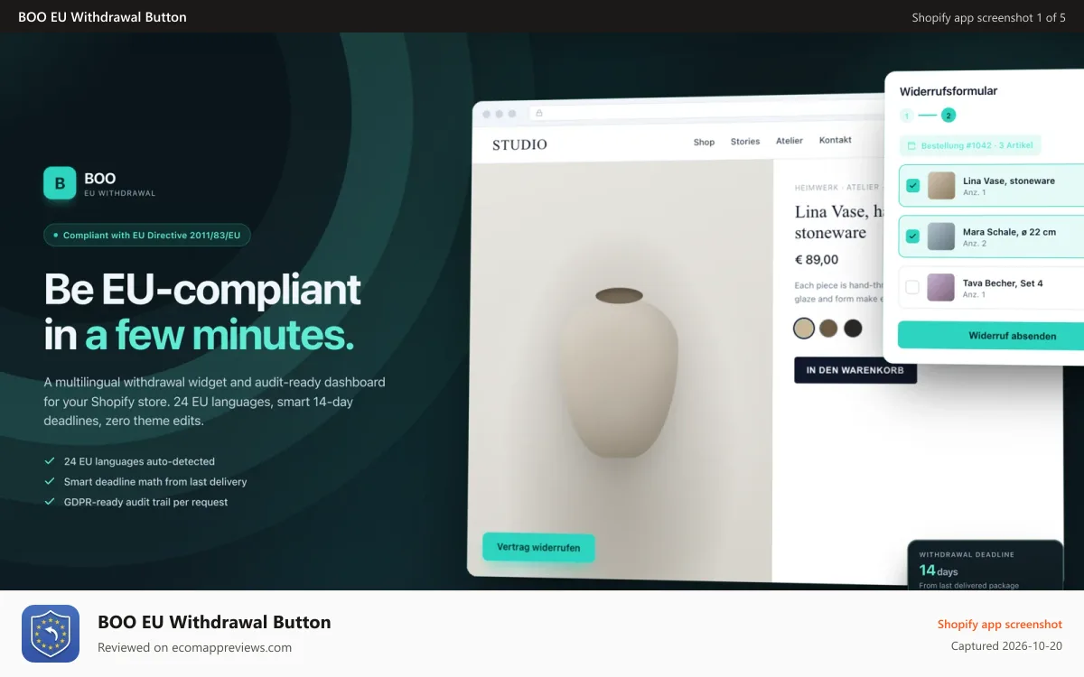 BOO EU Withdrawal Button Shopify app screenshot: EU withdrawal compliance, in minutes