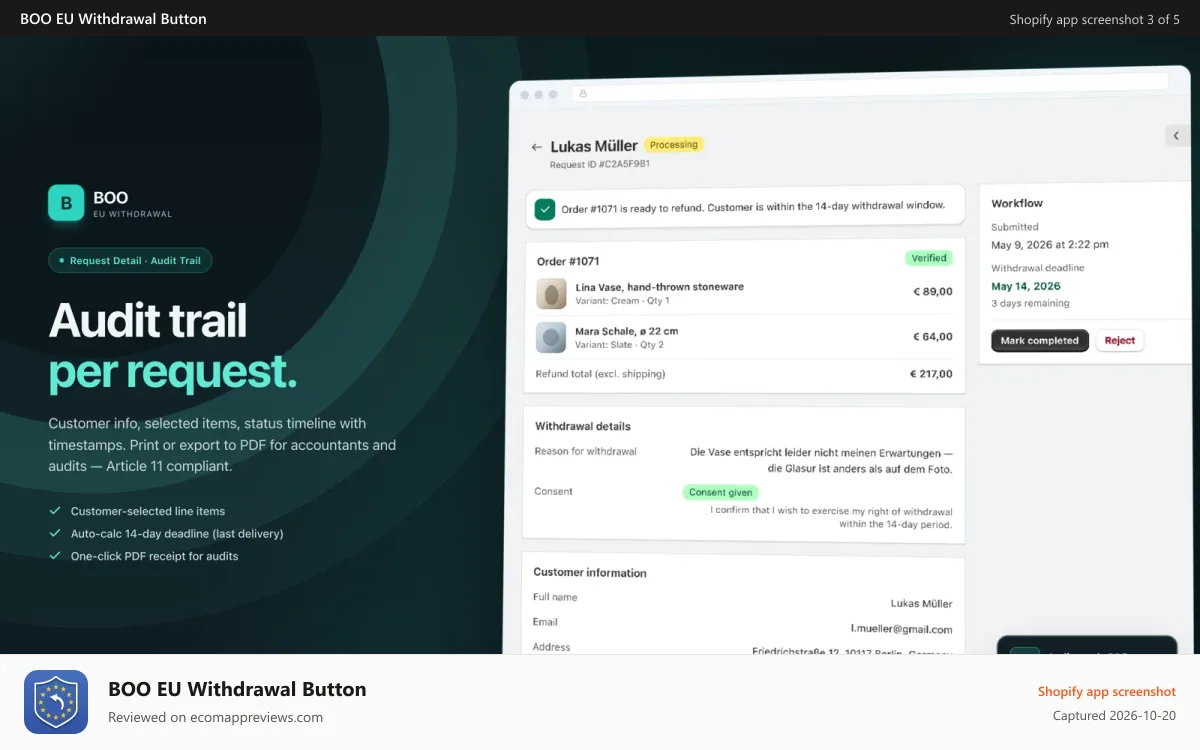 BOO EU Withdrawal Button Shopify app screenshot: Full audit trail per request