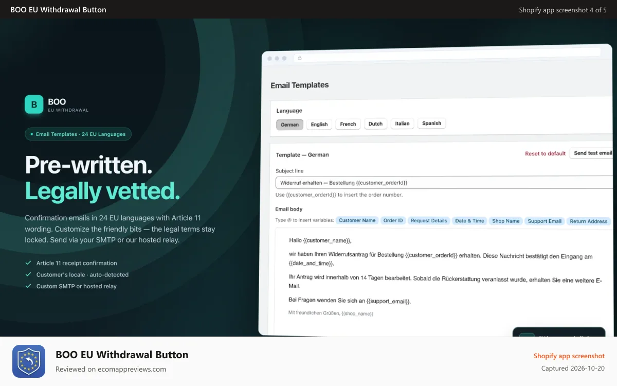 BOO EU Withdrawal Button Shopify app screenshot: Email templates in 24 EU languages