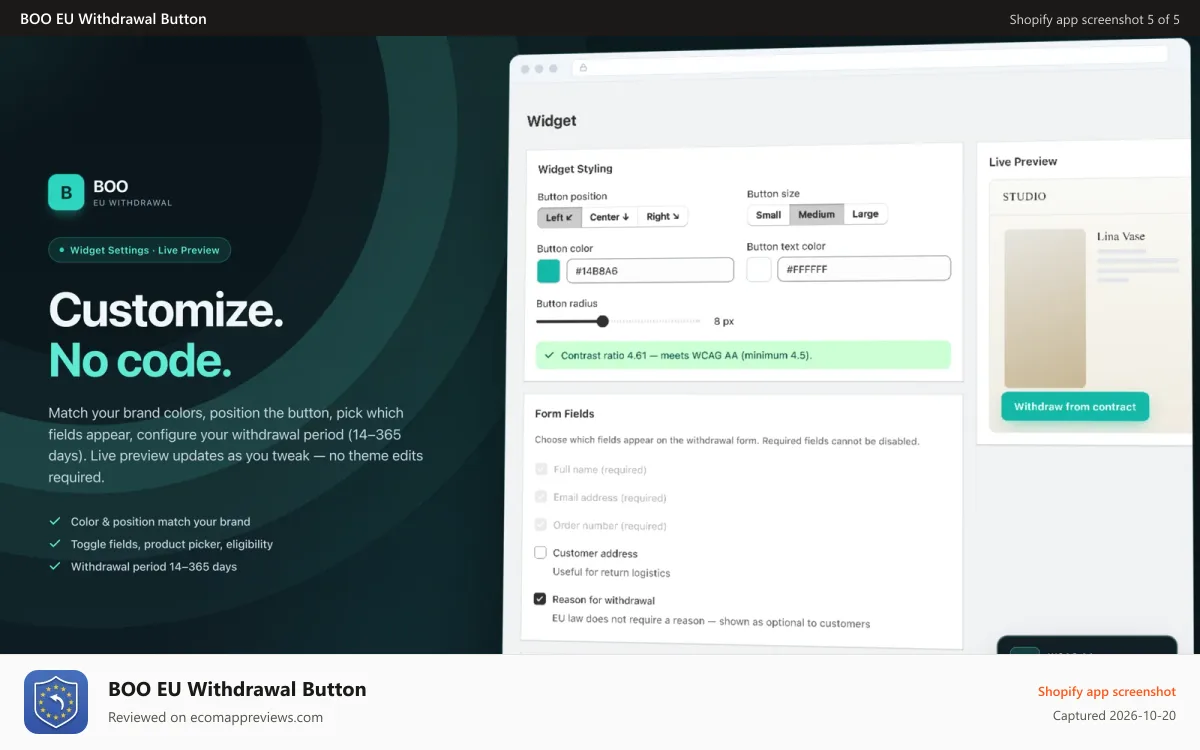 BOO EU Withdrawal Button Shopify app screenshot: Customize without code
