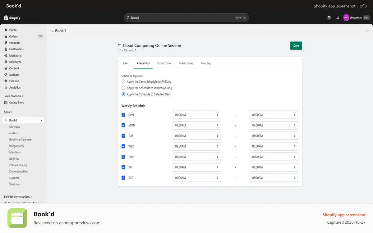 Book'd Shopify app screenshot: Availability
