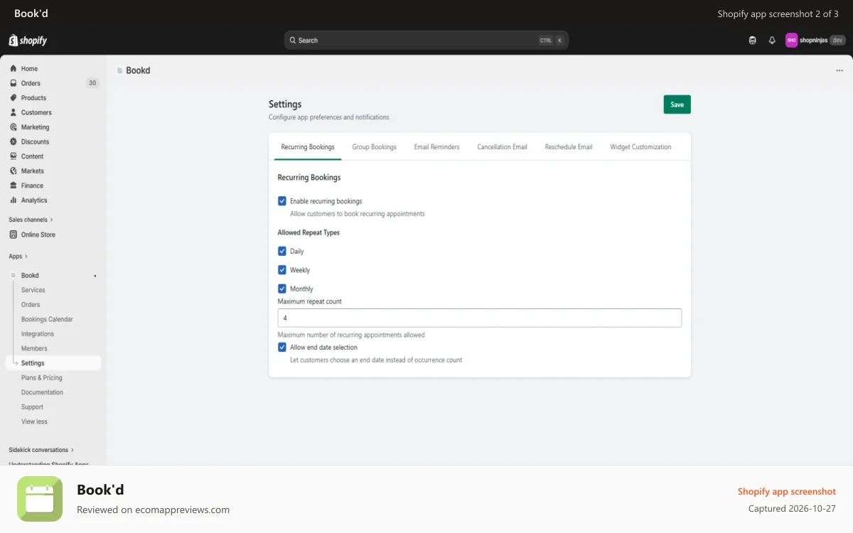 Book'd Shopify app screenshot: Recurring Booking Settings
