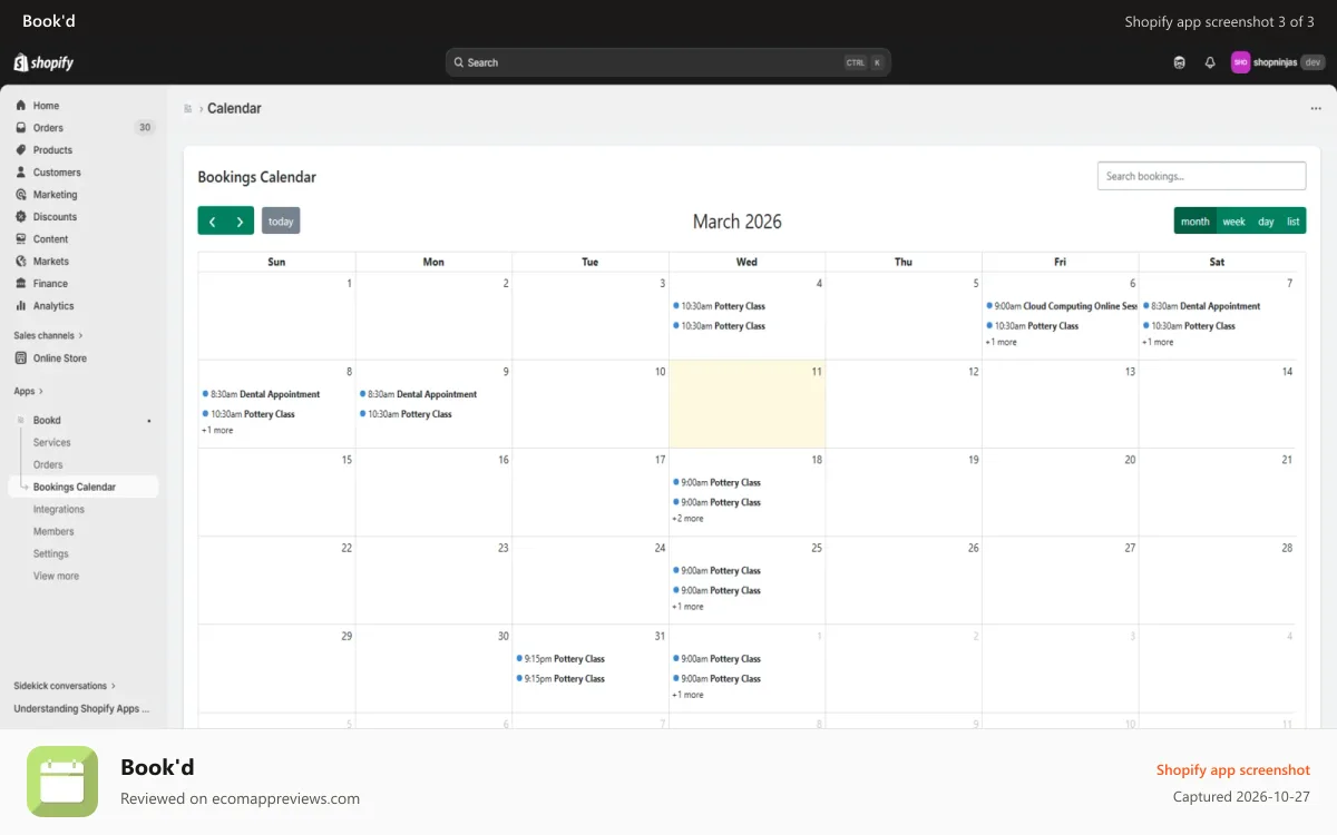 Book'd Shopify app screenshot: Calendar Booking