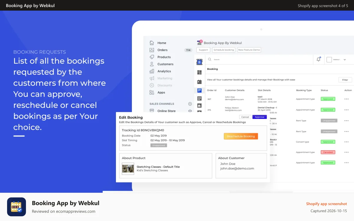 Booking App by Webkul Shopify app screenshot: Booking Listing
