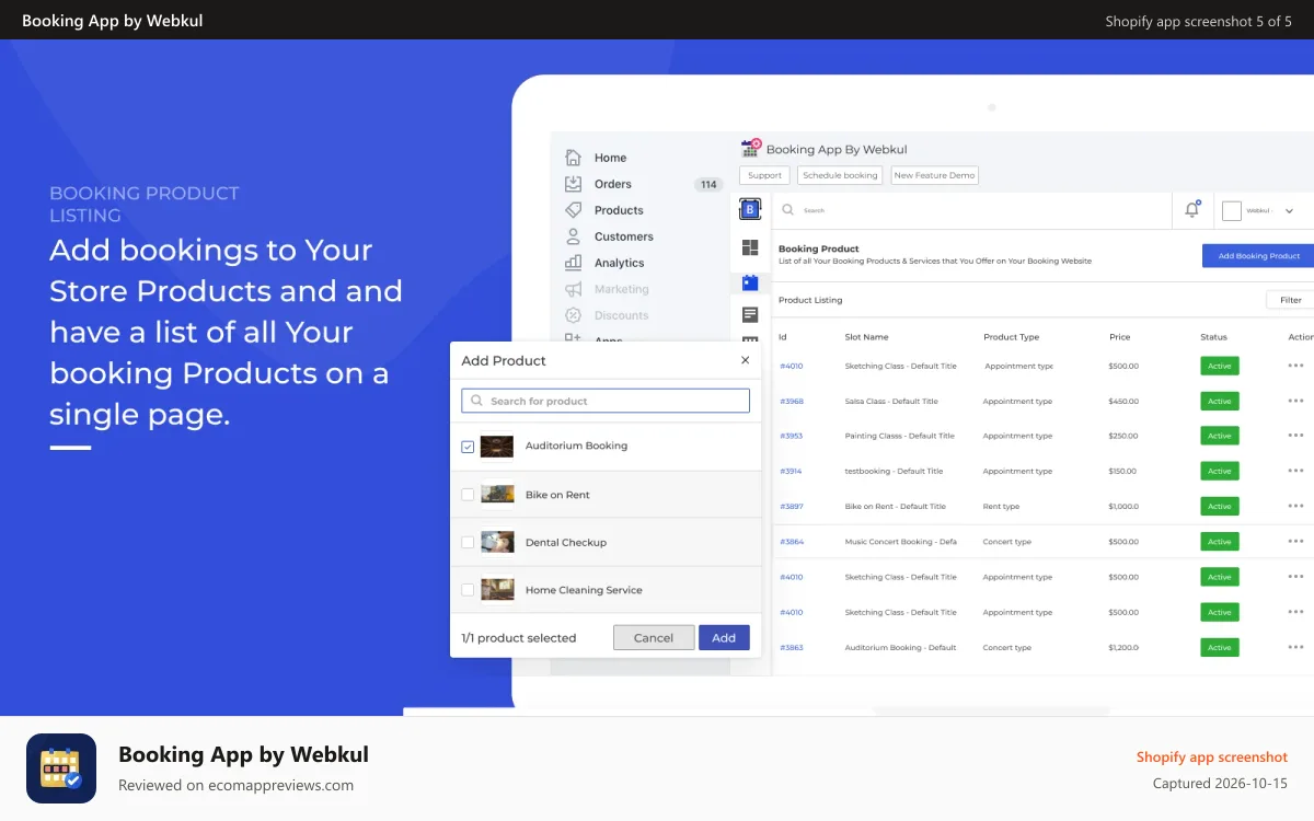 Booking App by Webkul Shopify app screenshot: Booking -product-listing