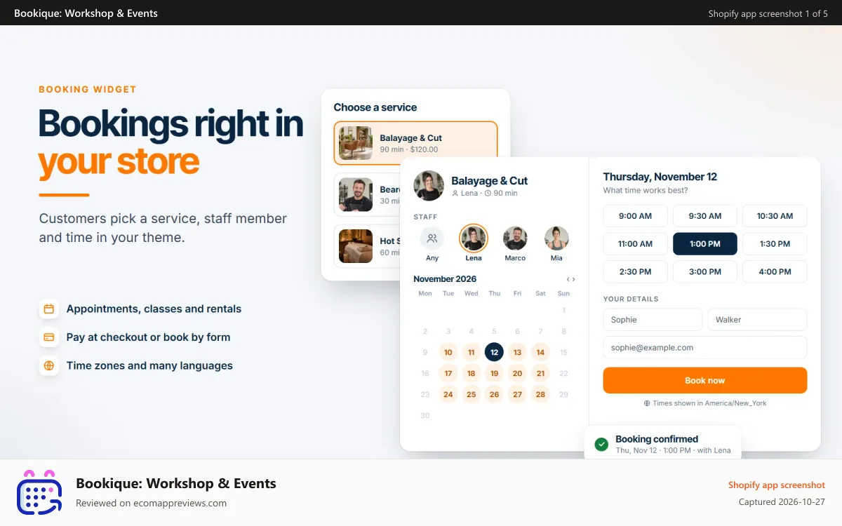 Bookique: Workshop & Events Shopify app screenshot: Booking widget with service, staff, calendar and free times