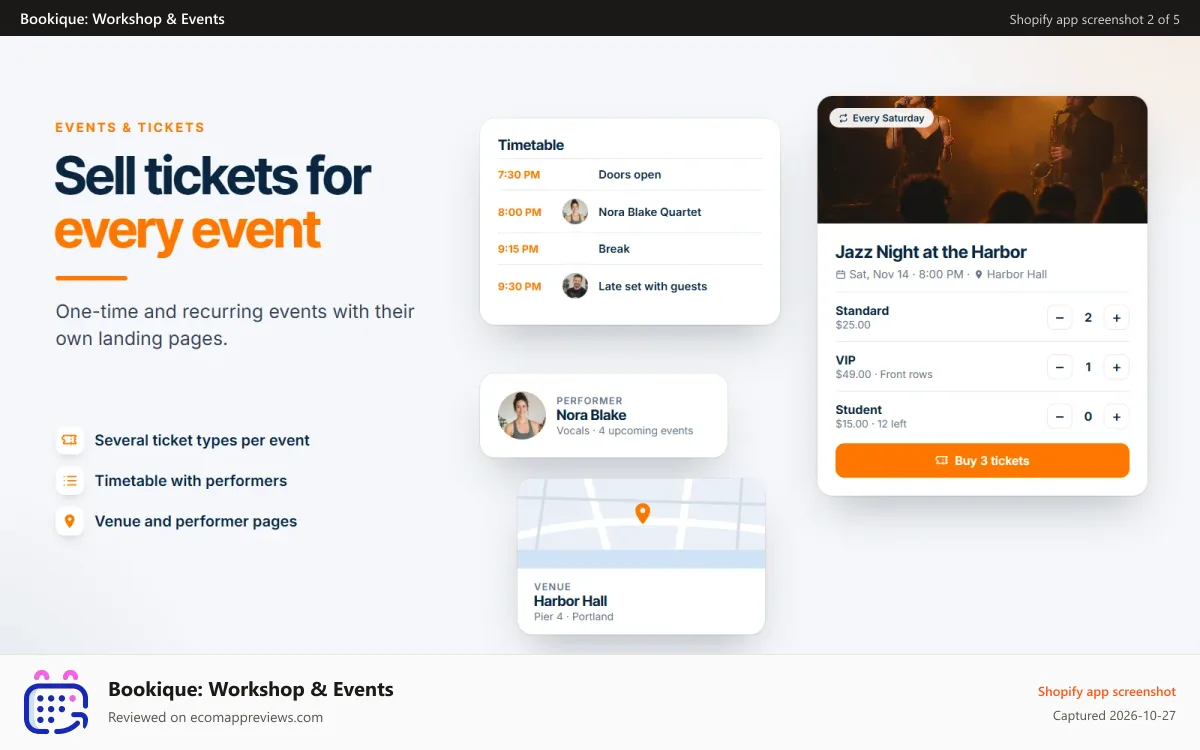 Bookique: Workshop & Events Shopify app screenshot: Event tickets with ticket types, timetable and venue