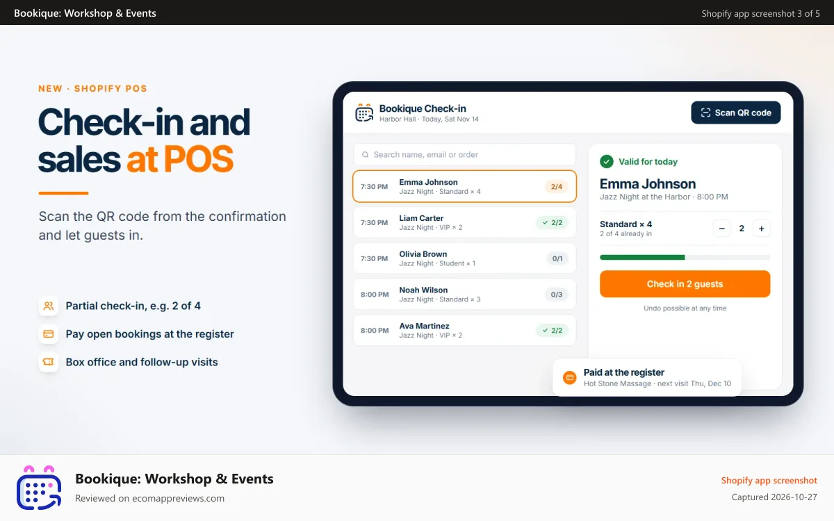 Bookique: Workshop & Events Shopify app screenshot: Shopify POS check-in with today’s guests and partial entry