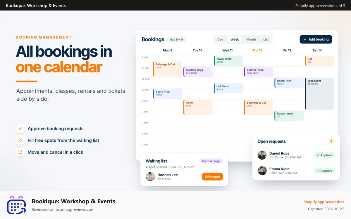 Bookique: Workshop & Events Shopify app screenshot: Admin calendar with bookings, requests and waiting list