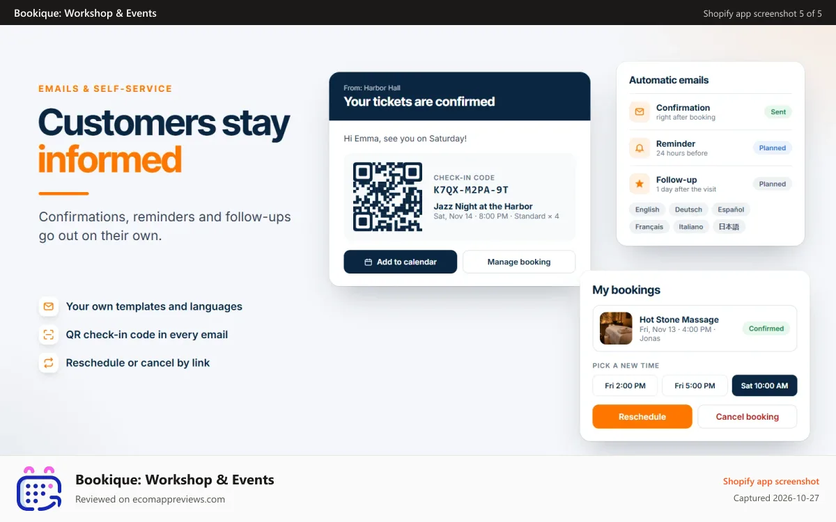 Bookique: Workshop & Events Shopify app screenshot: Confirmation email with QR code and customer rescheduling
