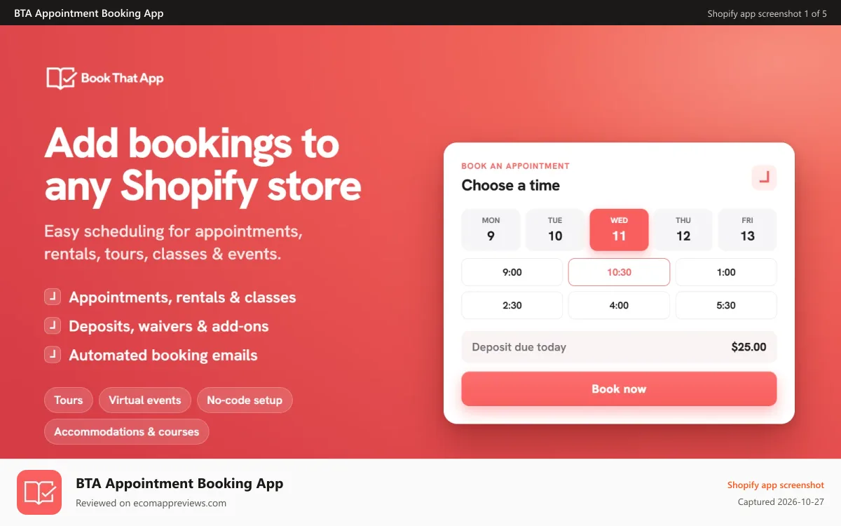 BTA Appointment Booking App Shopify app screenshot: BookThatApp — appointment booking app for Shopify