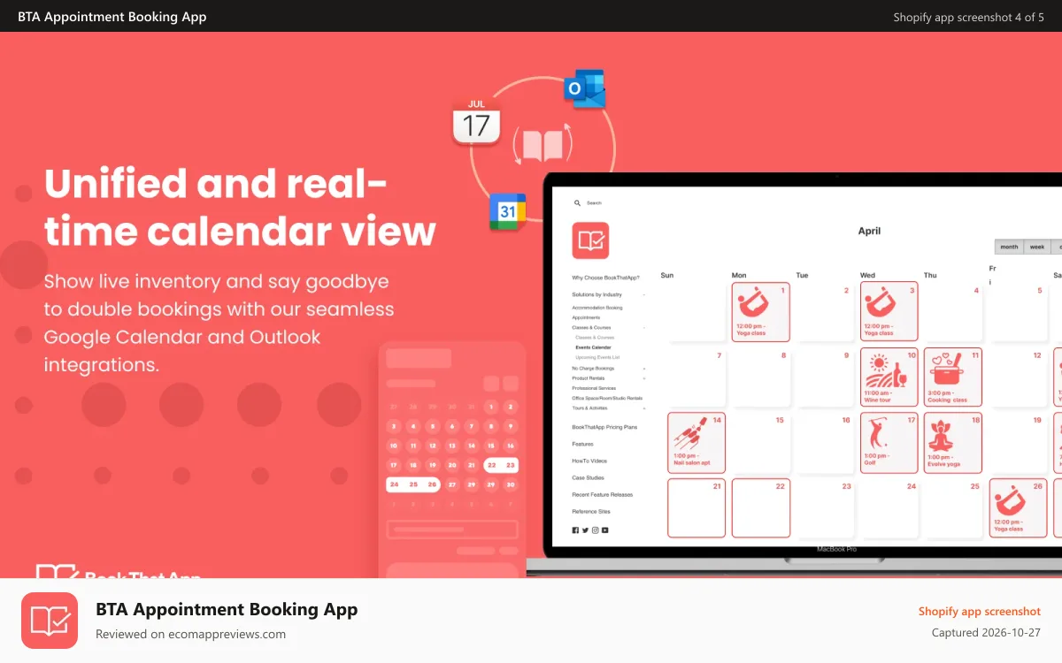 BTA Appointment Booking App Shopify app screenshot: Sync with Google Calendar, iCal, and Outlook for Unified view