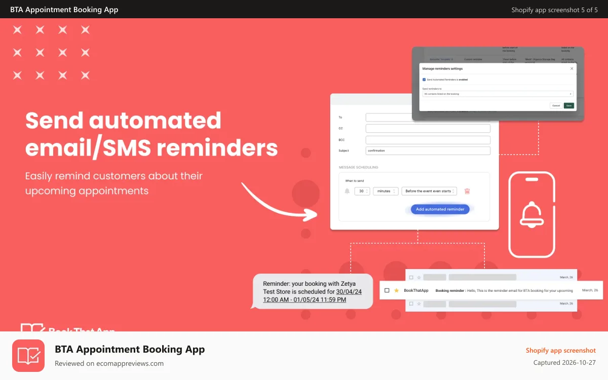 BTA Appointment Booking App Shopify app screenshot: Automated Email/SMS reminders to keep your customers in loop