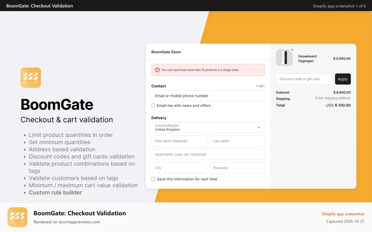 BoomGate: Checkout Validation Shopify app screenshot: Checkout block