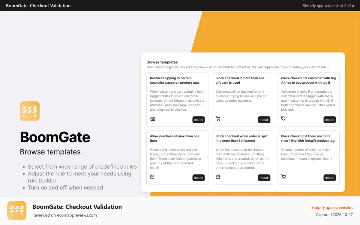 BoomGate: Checkout Validation Shopify app screenshot: Predefined rules