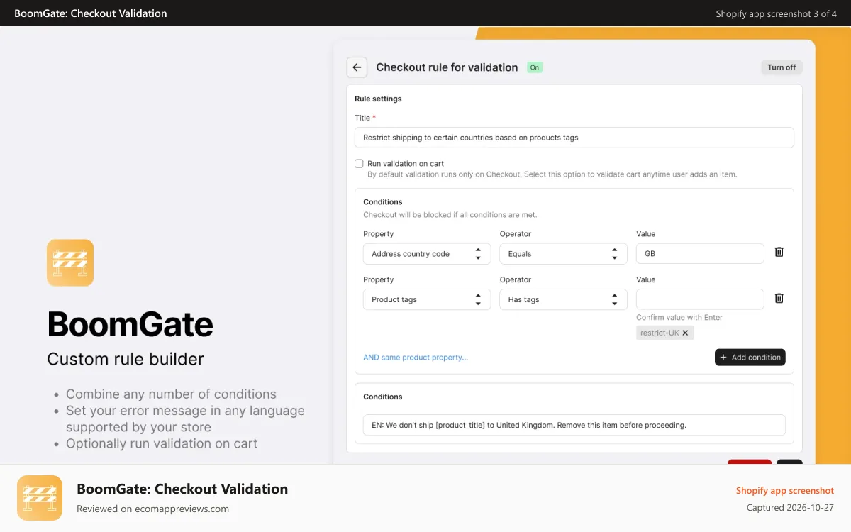BoomGate: Checkout Validation Shopify app screenshot: Rule Creator