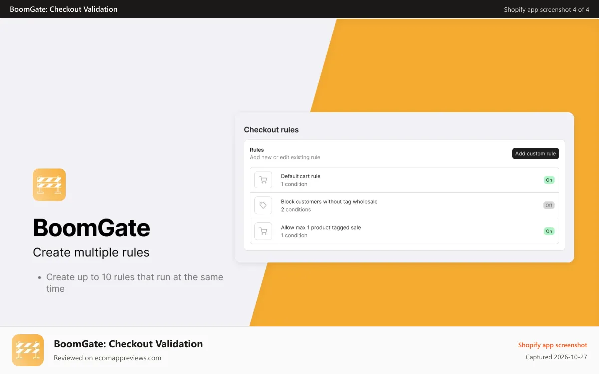 BoomGate: Checkout Validation Shopify app screenshot: Multiple rules