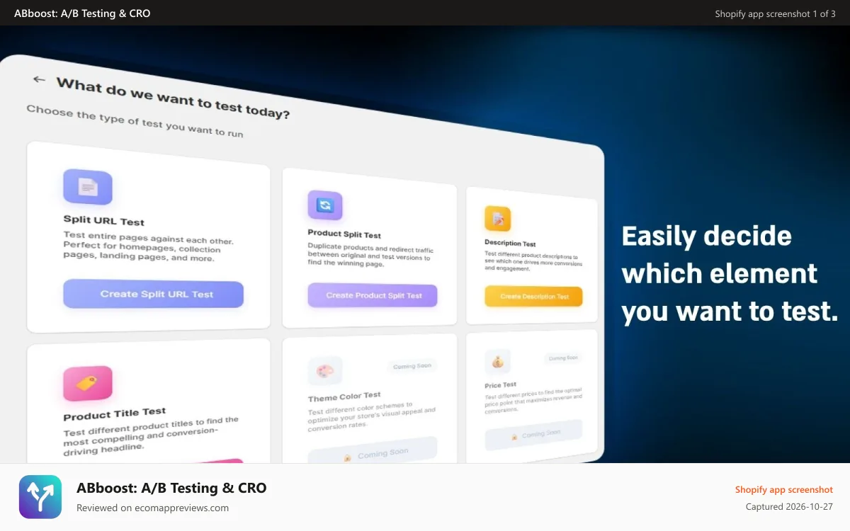 ABboost: A/B Testing & CRO Shopify app screenshot: AB testing dashboard with multiple test type options