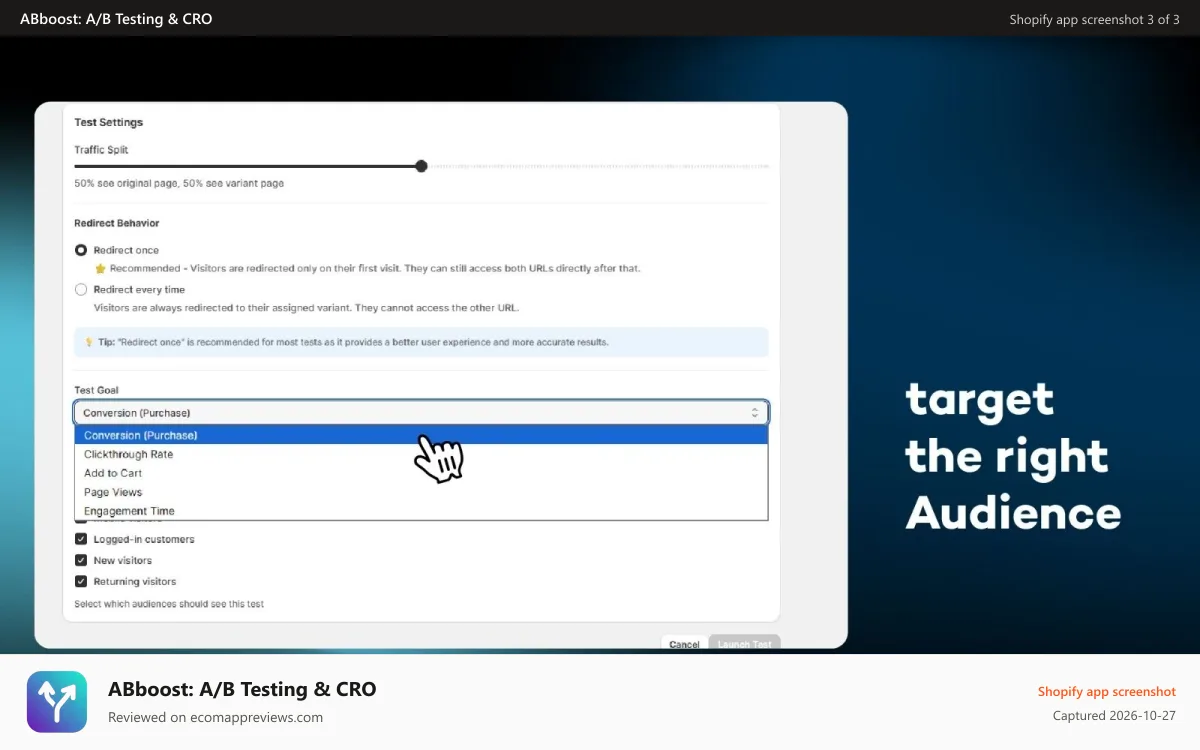 ABboost: A/B Testing & CRO Shopify app screenshot: Target the right audience with A/B testing