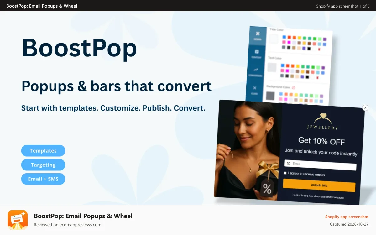 BoostPop: Email Popups & Wheel Shopify app screenshot: BoostPop popups, Wheel of Fortune, and product recommendations