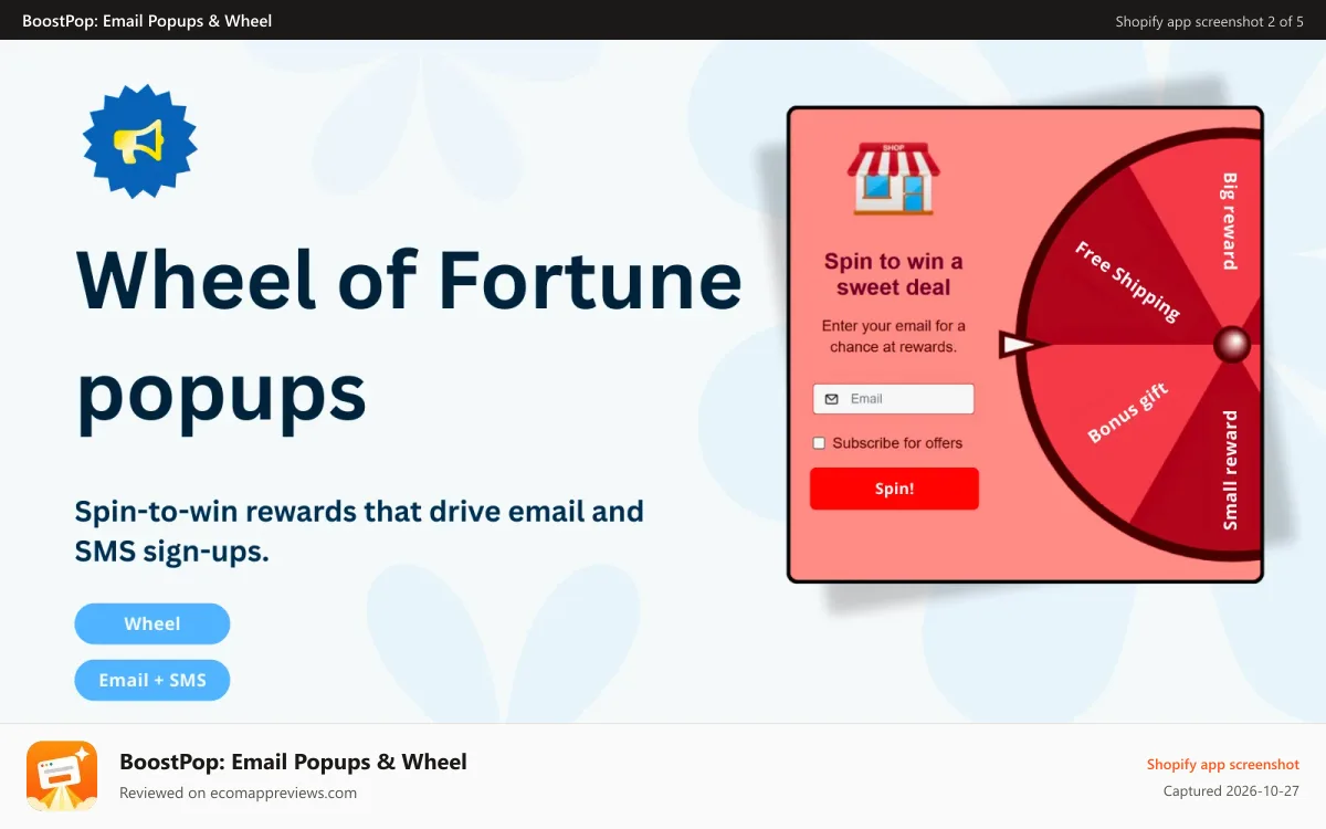 BoostPop: Email Popups & Wheel Shopify app screenshot: Spin-to-win Wheel of Fortune popup for email and SMS