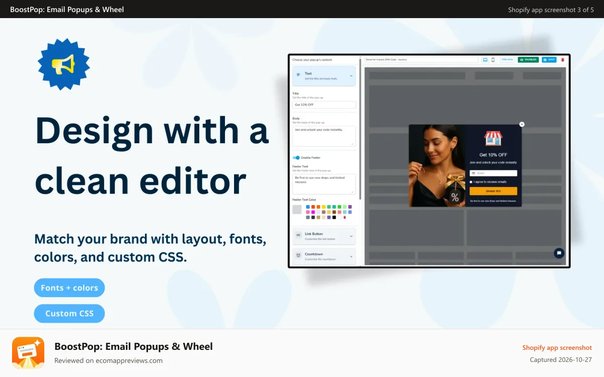 BoostPop: Email Popups & Wheel Shopify app screenshot: Clean editor to customize layout, fonts, colors, CSS
